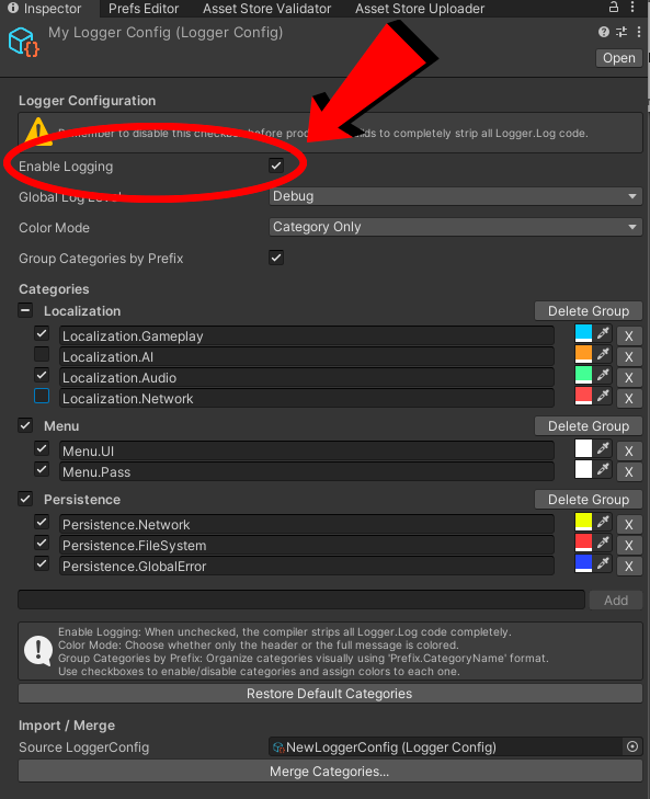 Enable Logging checkbox