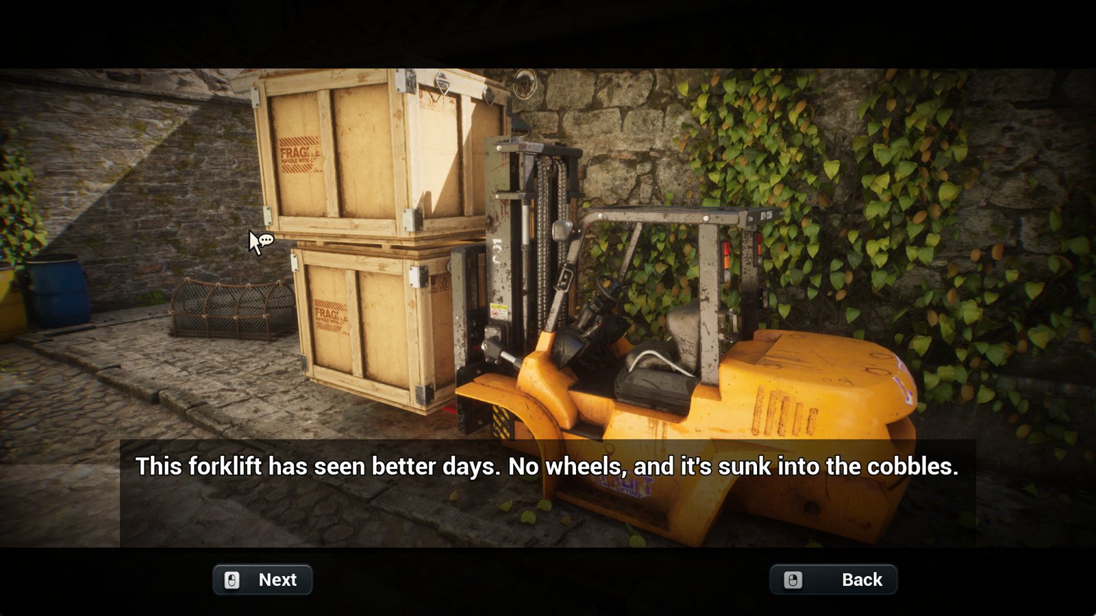An old forklift sunk into the cobbles