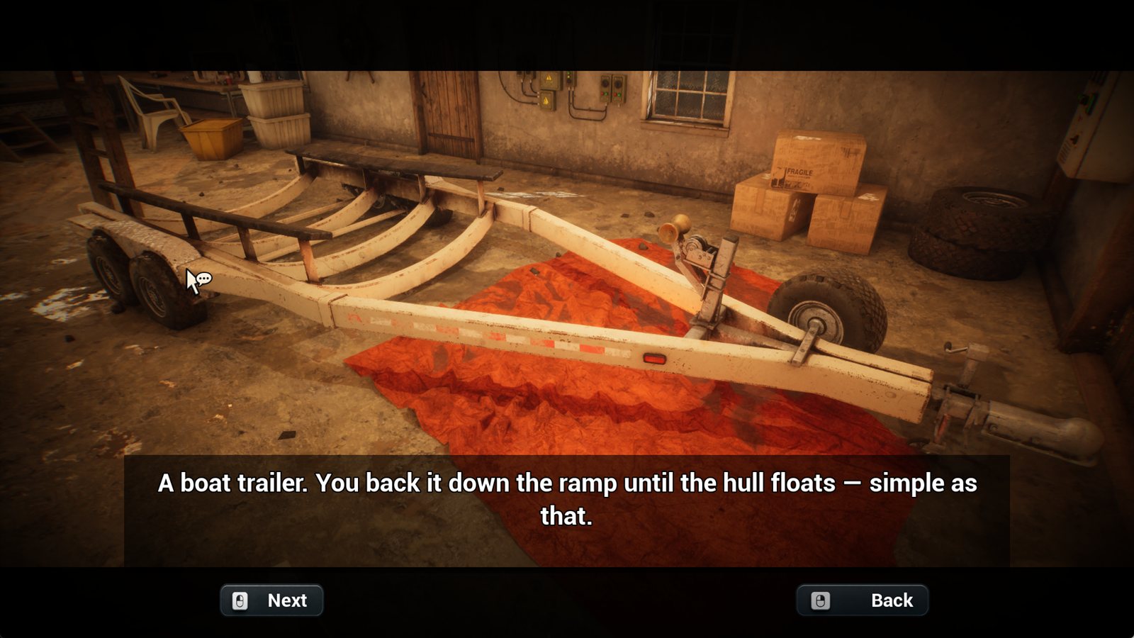 A boat trailer in the boathouse