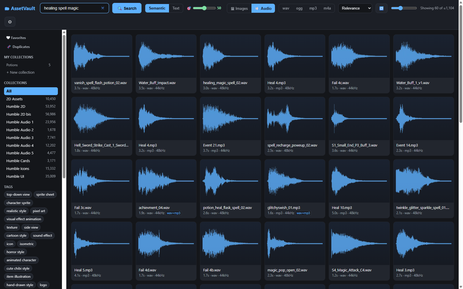 Semantic search for "healing spell magic": spell sounds with their waveforms