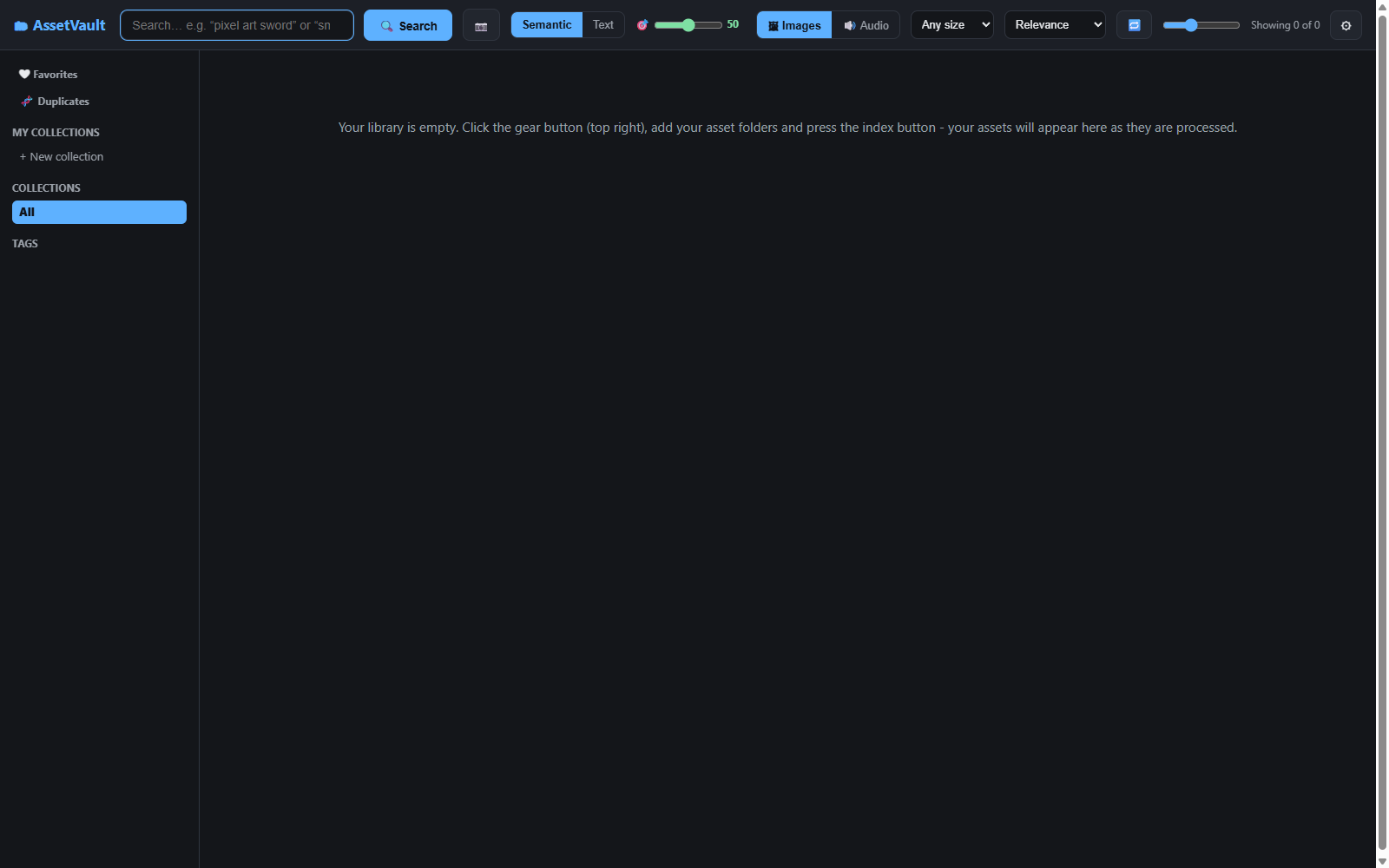 First launch: empty library with a welcome hint
