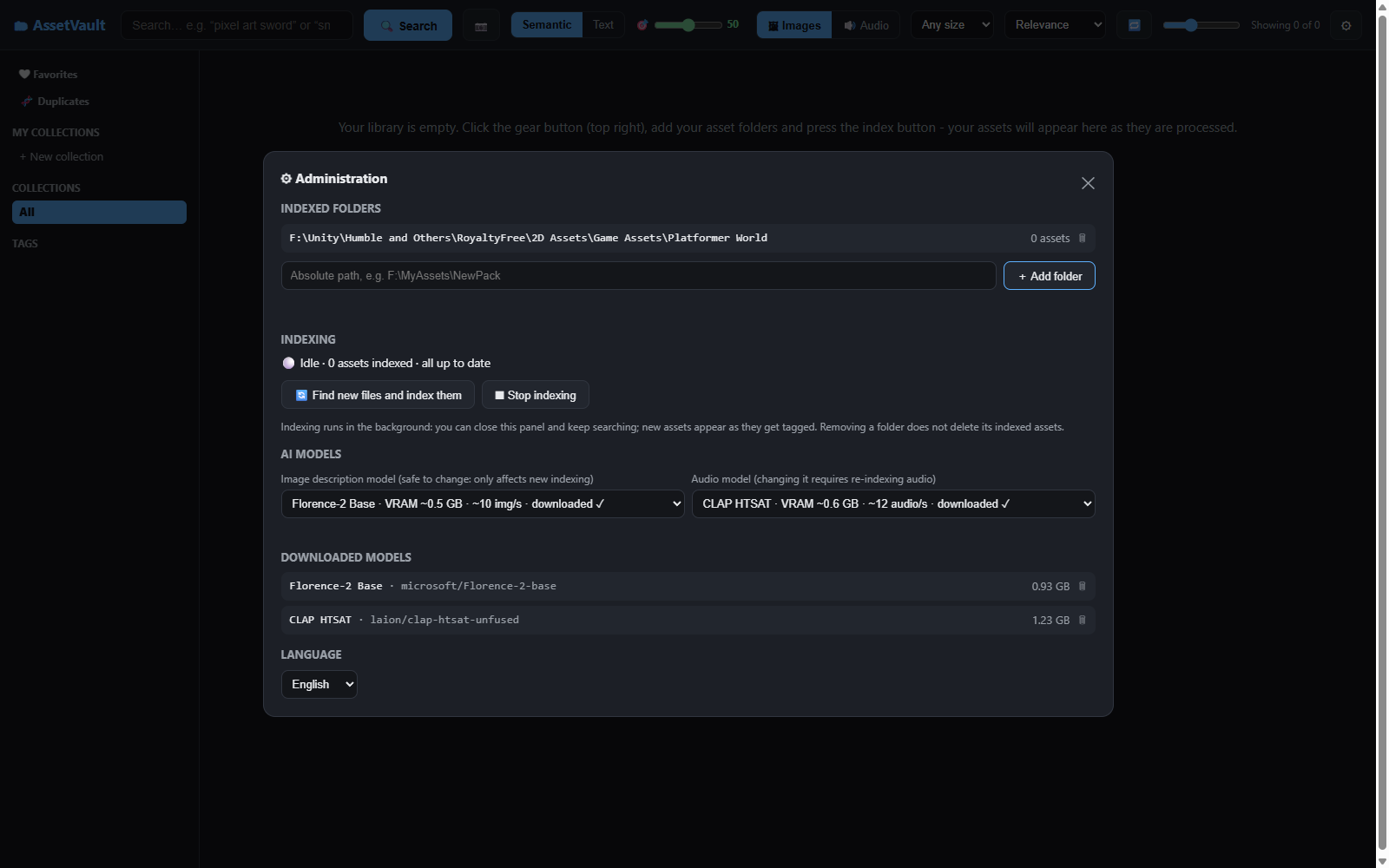 Administration panel with the first folder registered