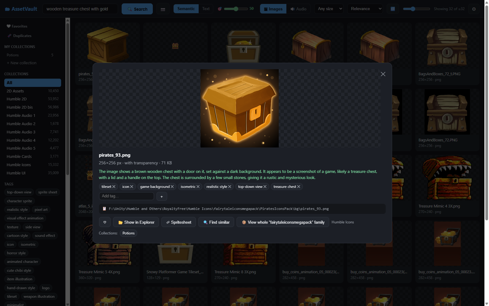 Detail view of an asset: AI description, tags, path and action buttons