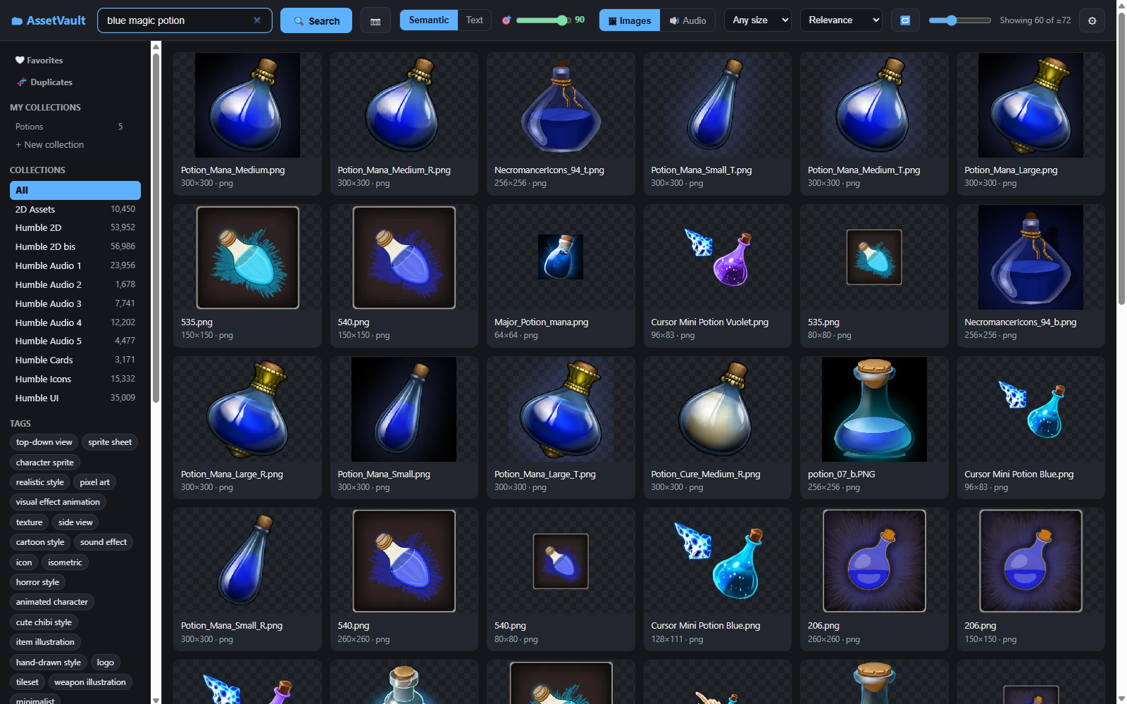 The same search at precision 90: only true blue potions remain