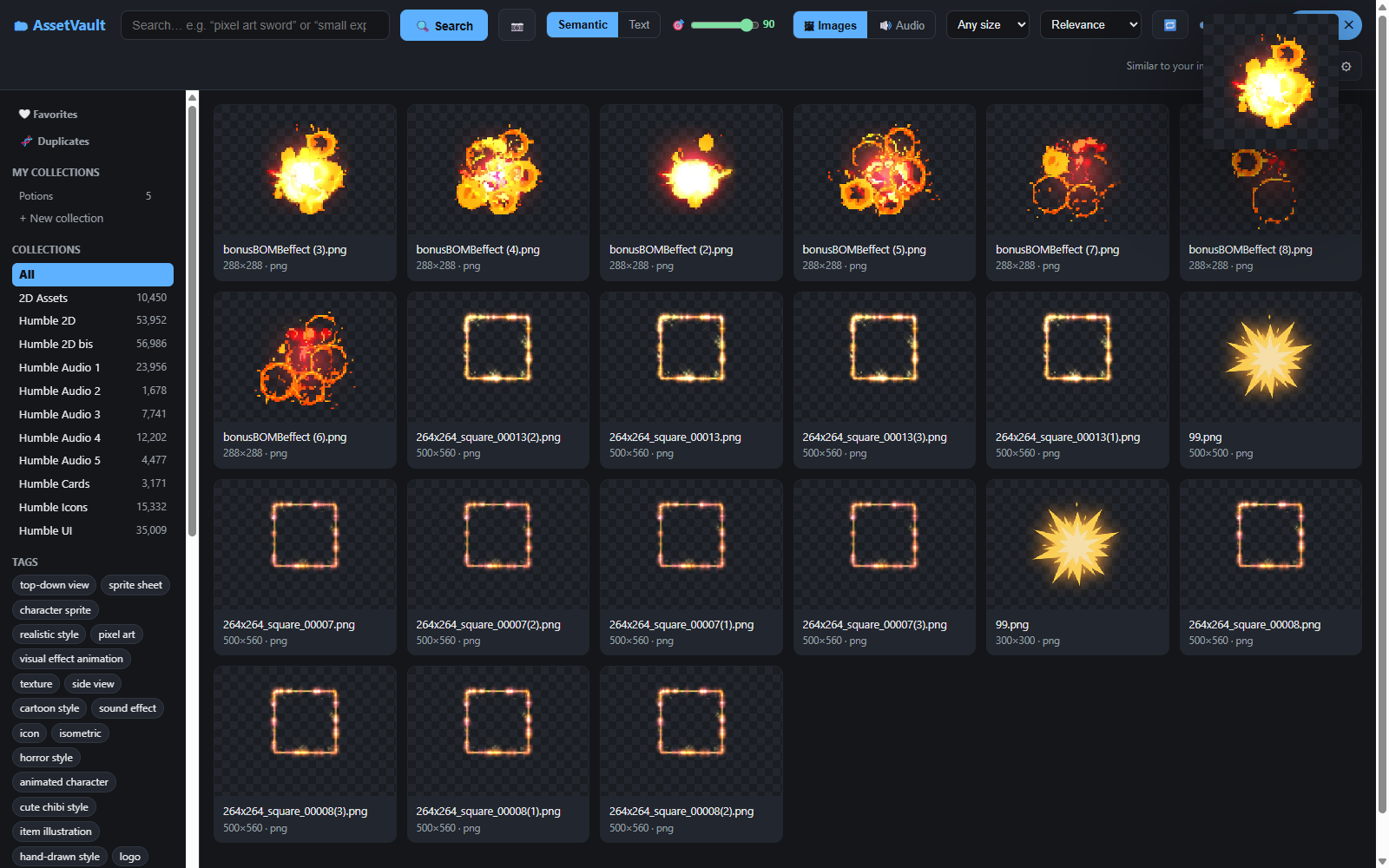 Search by reference image: a dropped explosion finds matching effects