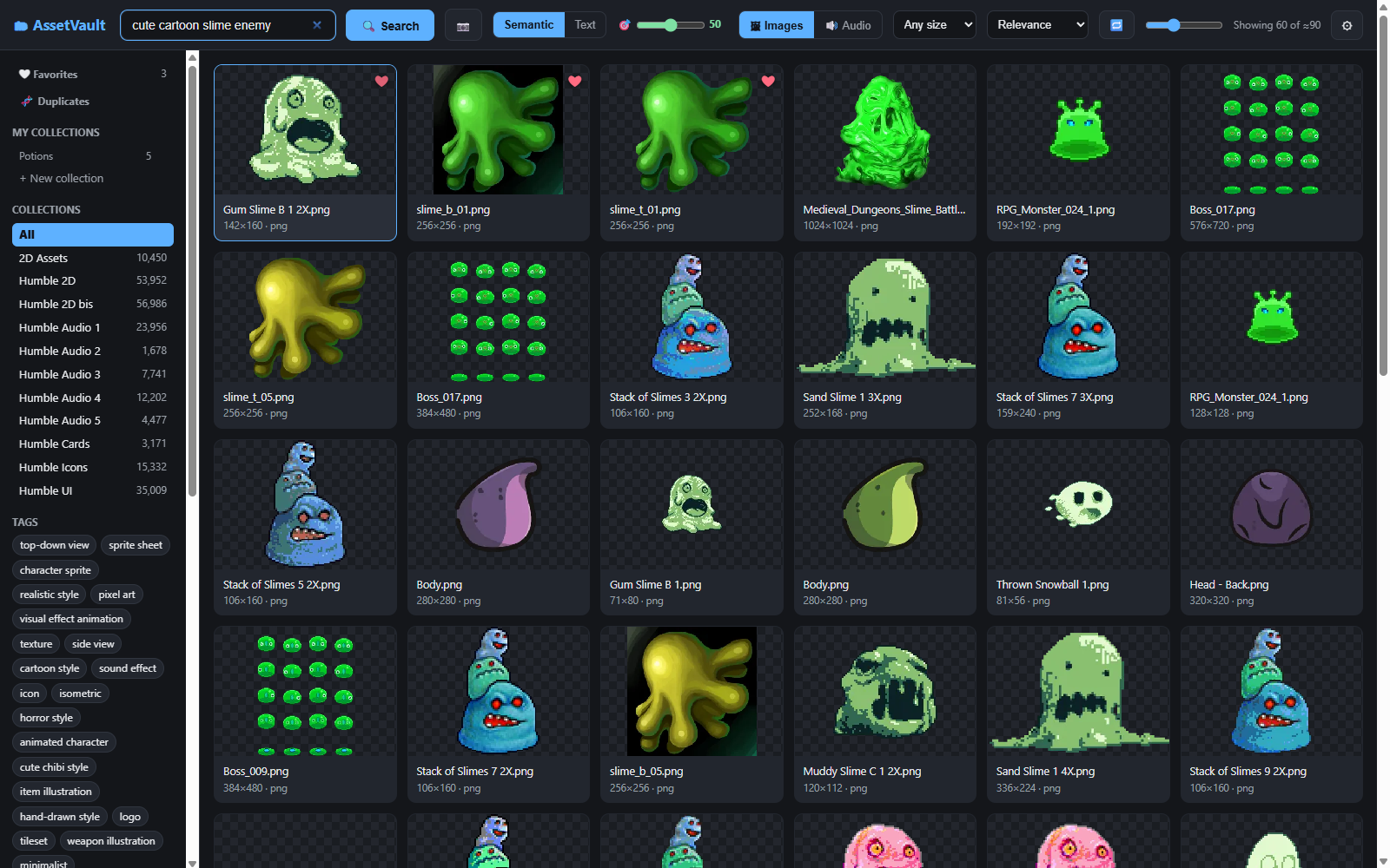 Three slime sprites marked as favorites; the sidebar shows "Favorites 3"