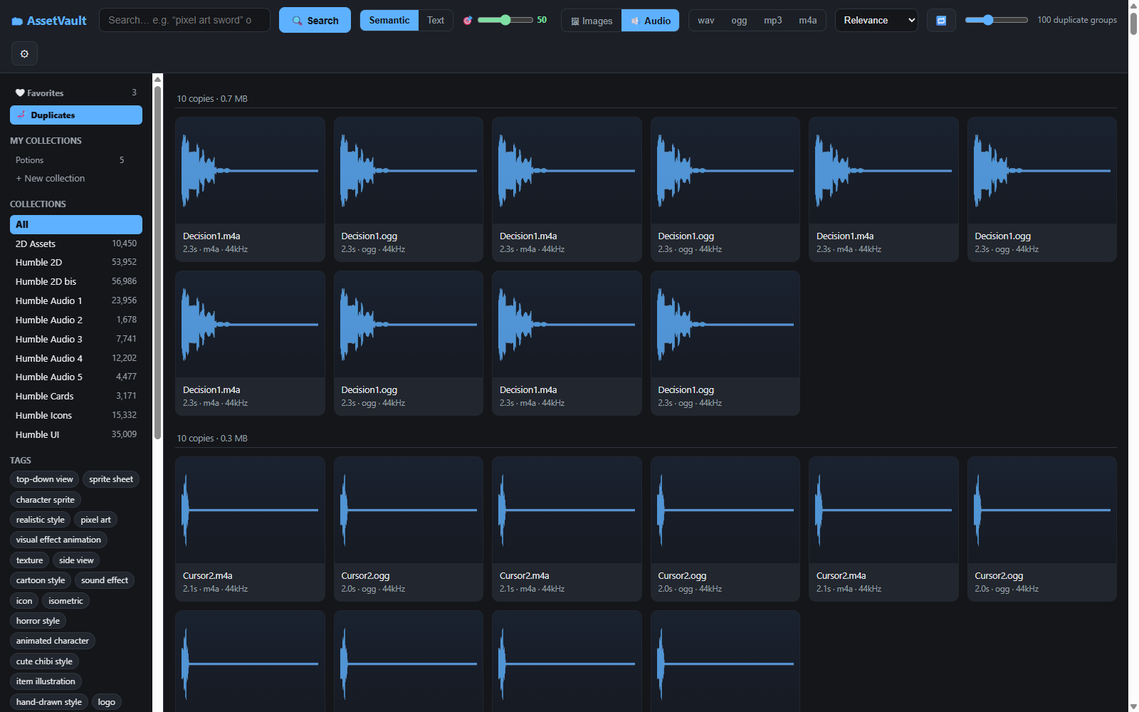 The duplicates view: groups of identical audio files with counts and sizes