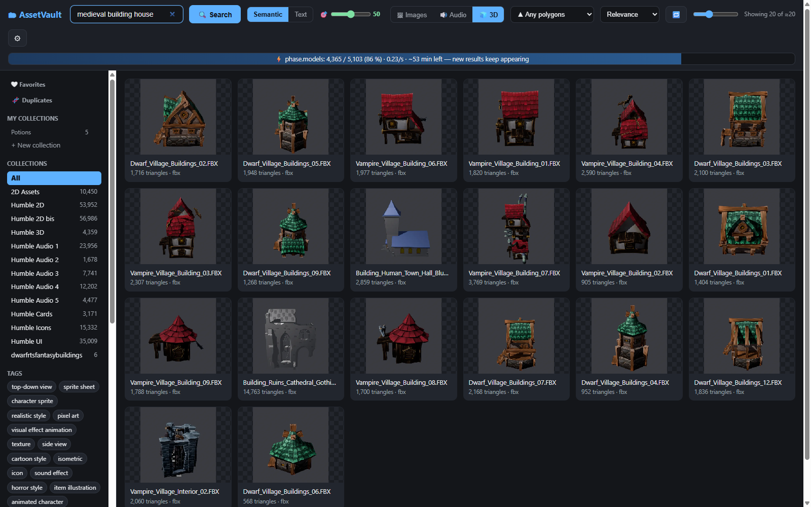 Searching 3D models by meaning; each card shows its triangle count