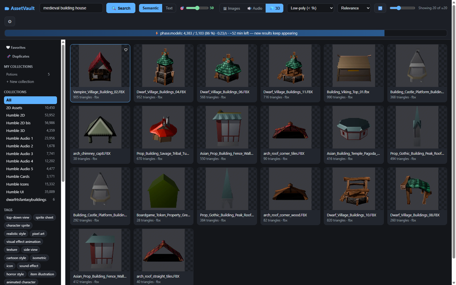 The polygon filter set to Low-poly shows only models under 1,000 triangles