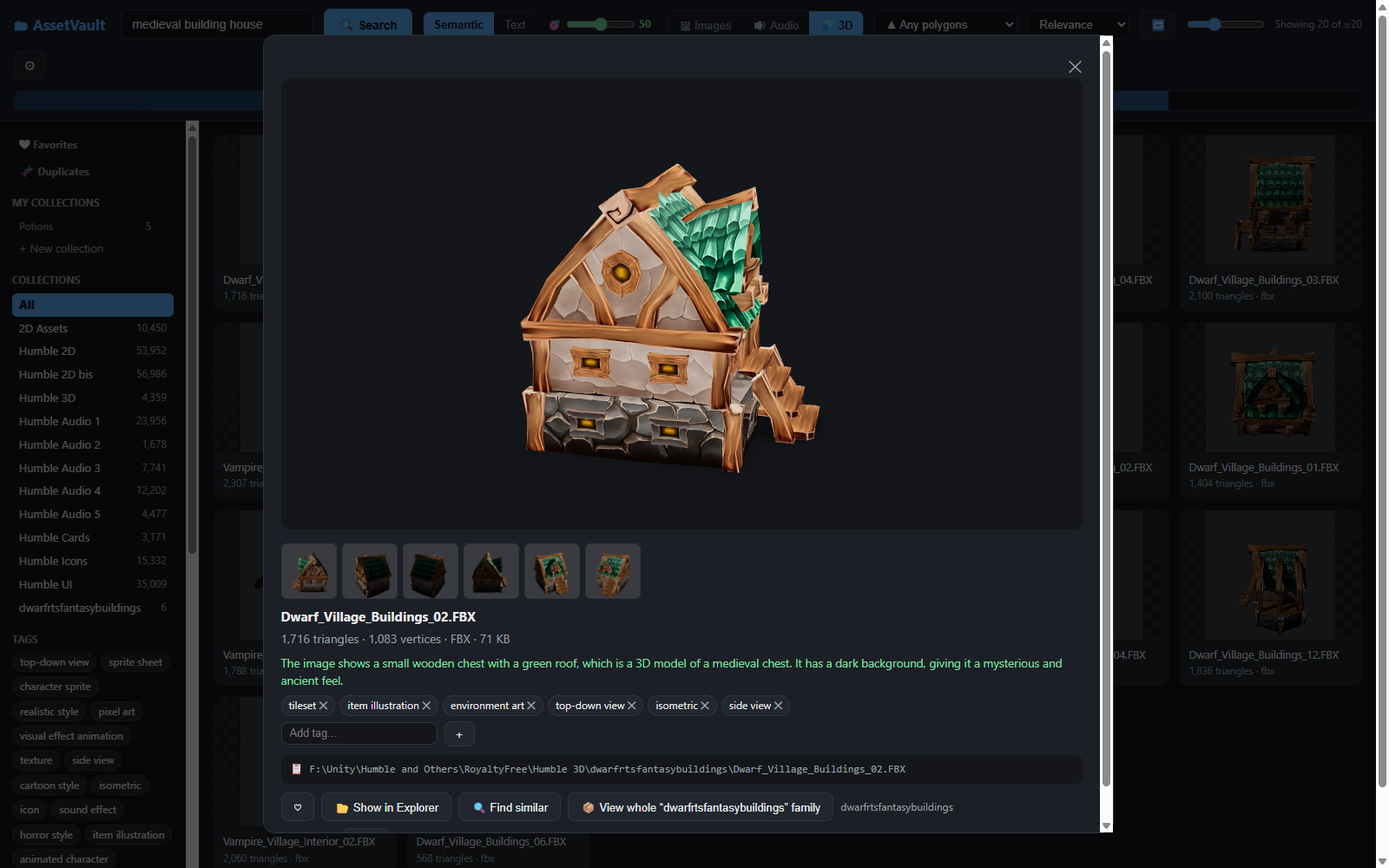 The 3D viewer: rotate the model, with its six renders below and the geometry info